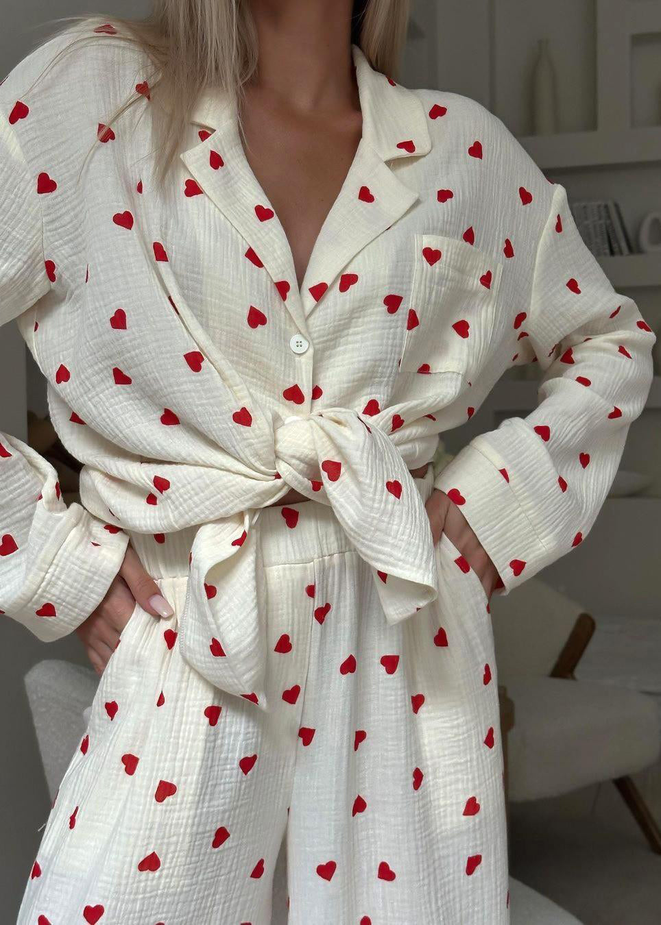 Fall Love Sets White Print Notched New Pajama Cotton FashionChic