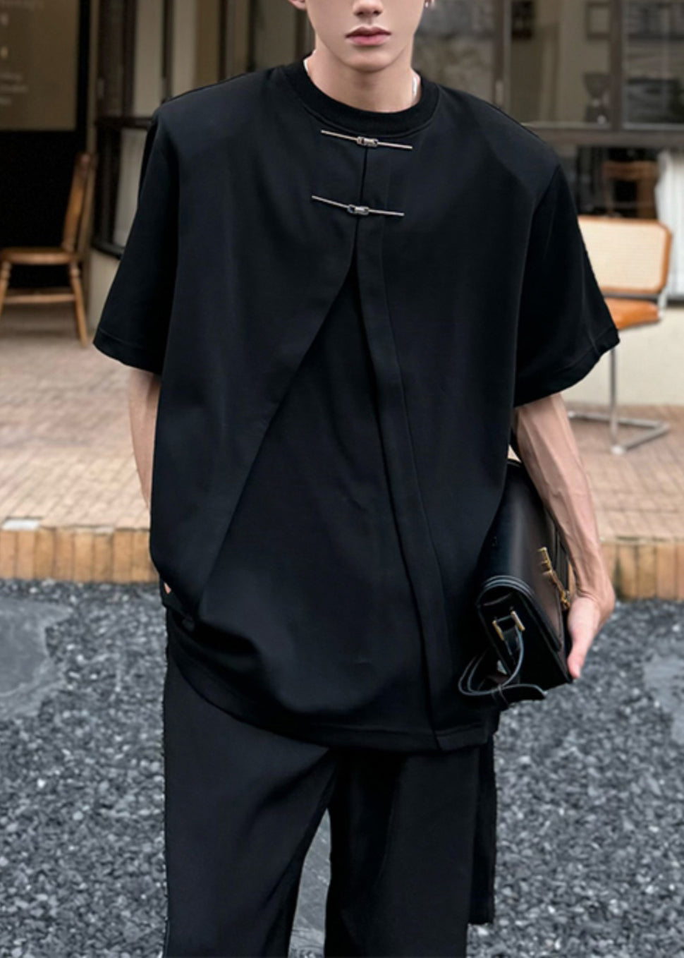 Shirt White Open Men T Summer New Oversized Side Cotton FashionChic