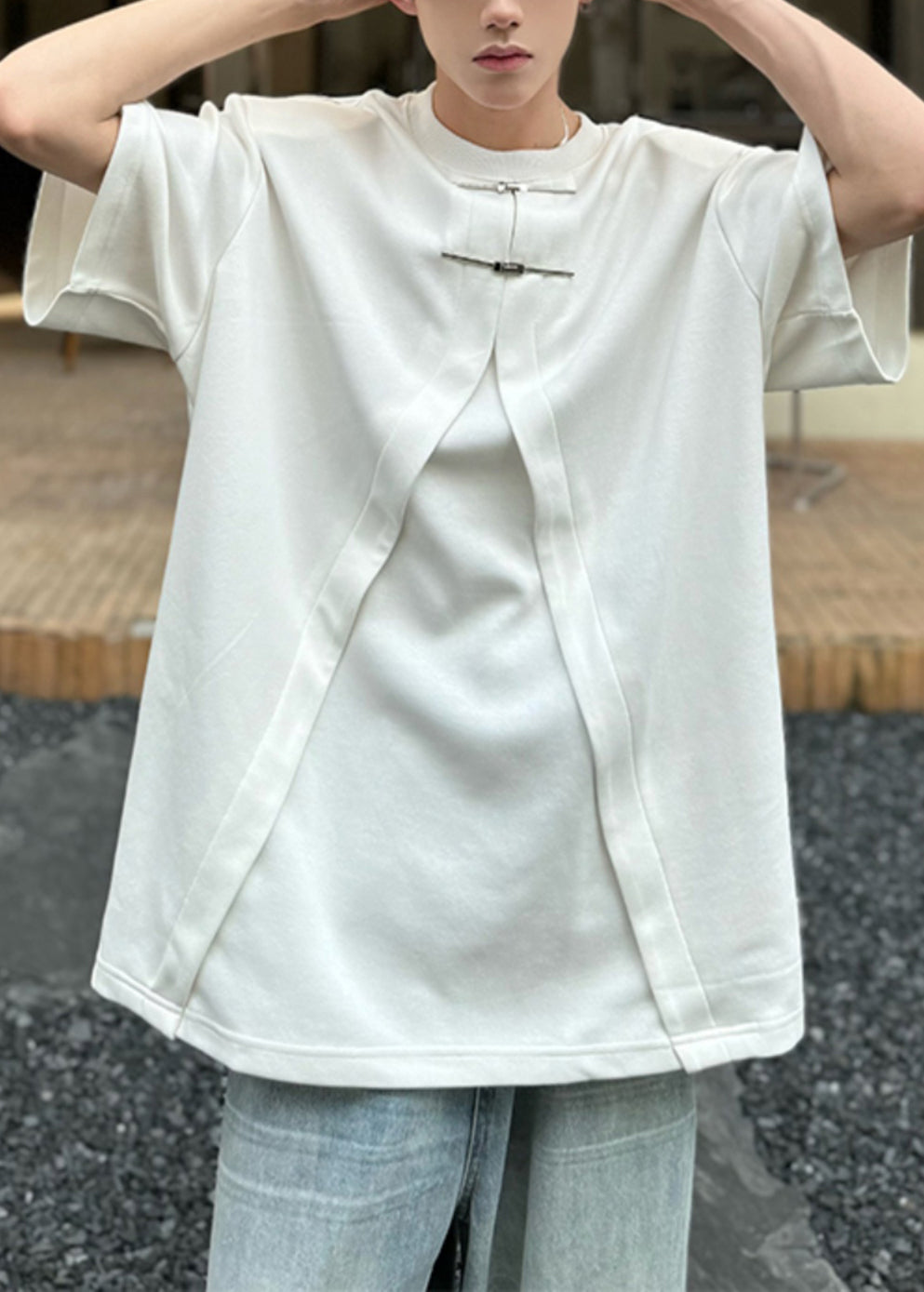 Shirt White Open Men T Summer New Oversized Side Cotton FashionChic