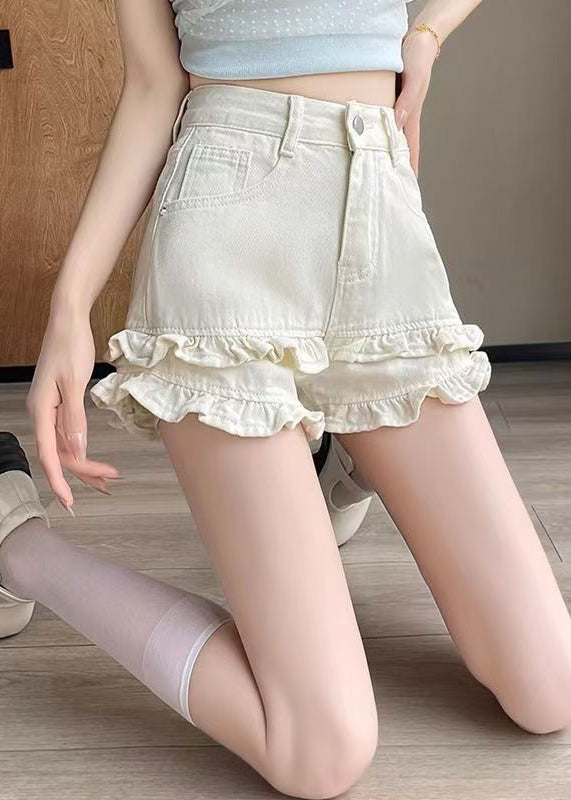 New Denim White Pockets Shorts Ruffled Summer FashionChic