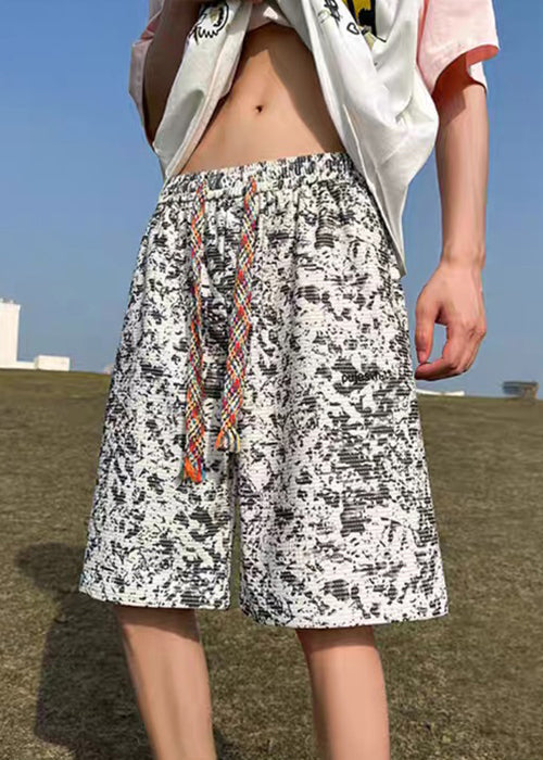 New Dye Men White Shorts Cotton Summer Elastic Waist Tie FashionChic