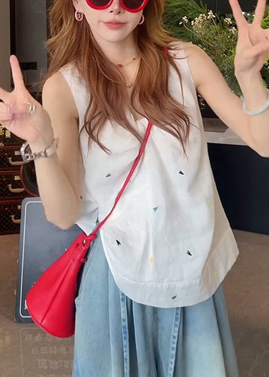 Print White V Sleeveless Tank New Neck Cotton FashionChic