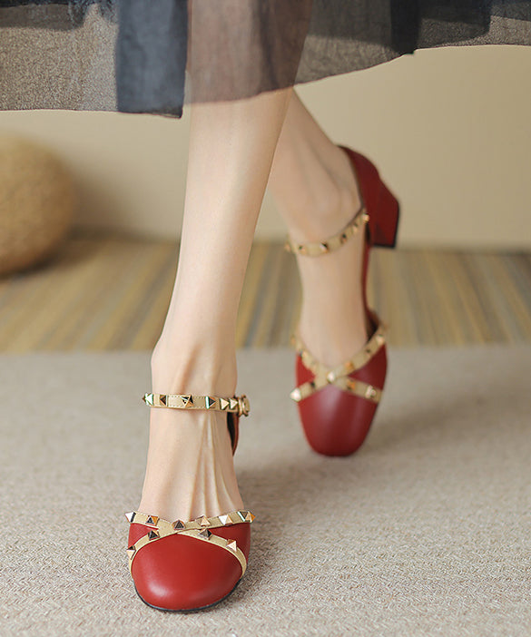 New Wine Red Rivet Buckle Strap Cowhide Leather Sandals RT1046 Ada Fashion