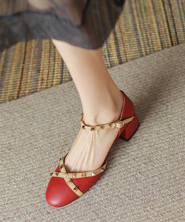 New Wine Red Rivet Buckle Strap Cowhide Leather Sandals RT1046 Ada Fashion