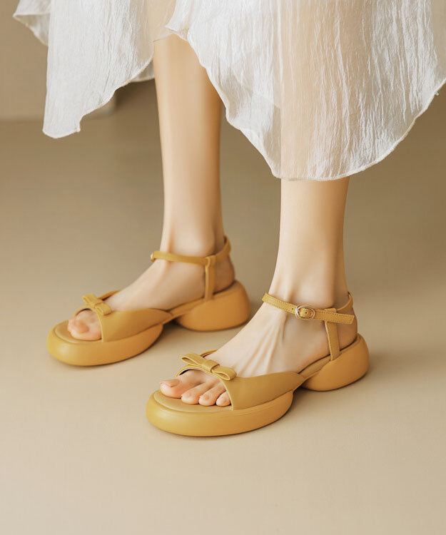 Cowhide Platform Peep Leather Toe New Sandals Yellow Bow Splicing FashionChic