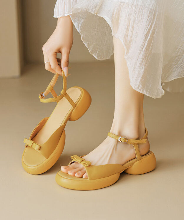 Cowhide Platform Peep Leather Toe New Sandals Yellow Bow Splicing FashionChic
