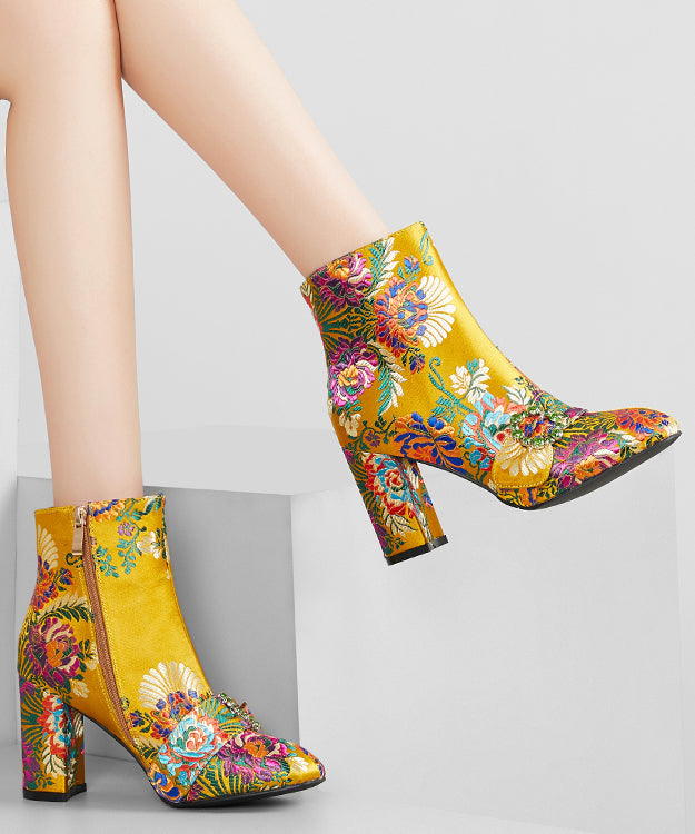 New Yellow Embroidered Zippered Cotton Chunky Ankle Boots RT1061 Ada Fashion
