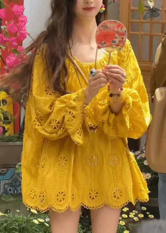 New Top Lace Sleeve O Neck Hollow Long Shirt Yellow Out FashionChic