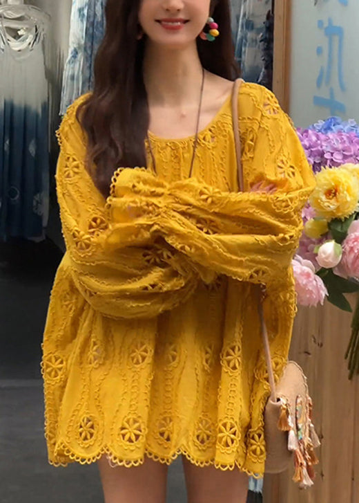 New Top Lace Sleeve O Neck Hollow Long Shirt Yellow Out FashionChic