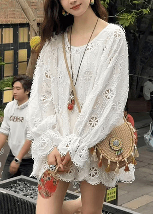 New Top Lace Sleeve O Neck Hollow Long Shirt Yellow Out FashionChic