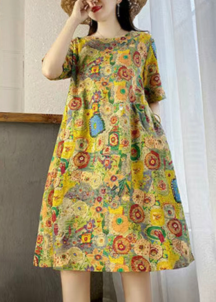 New Yellow O Neck Print Pockets Cotton Dresses Summer VV007 HS-SDL240627