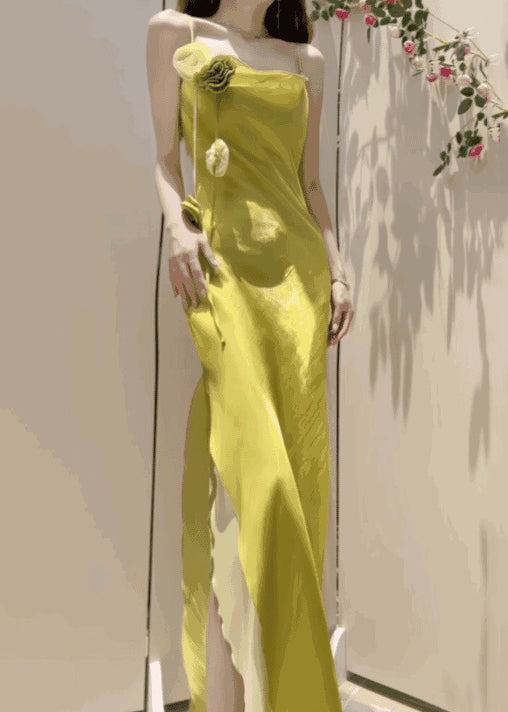 New Yellow Side Open Solid Silk Spaghetti Strap Dress Sleeveless ZL055 SH-LF-SDL240621