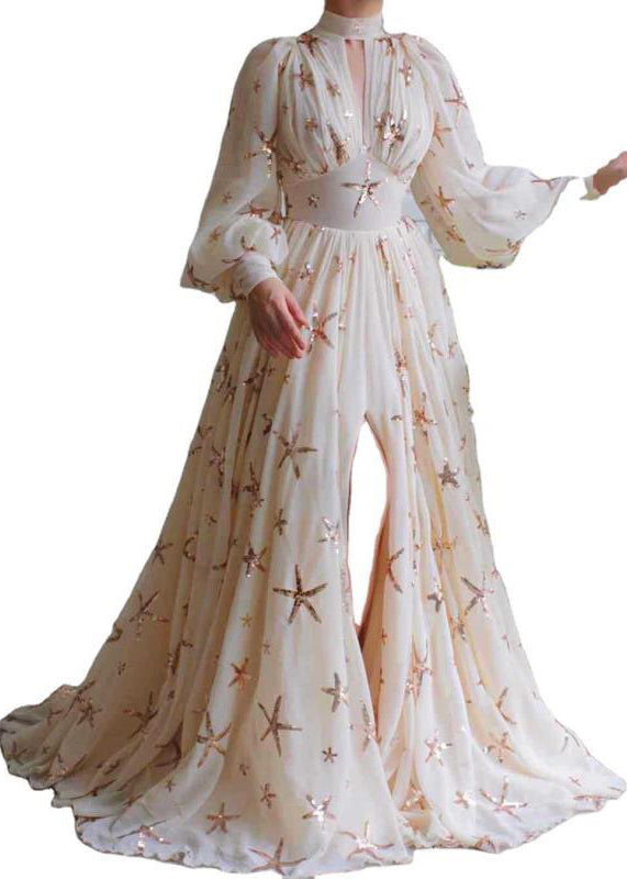 Novelty Beige Sequins Side Open Chiffon Long Dress Lantern Sleeve WW1037 Ada Fashion