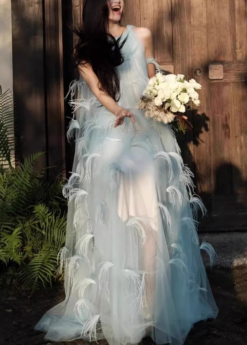 Sleeveless Robe Novelty Blue Dresses Chiffon Feather Patchwork FashionChic