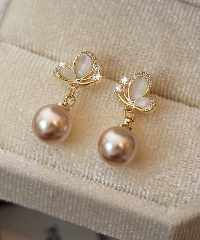 Novelty Copper Earrings Butterfly Pearl Champagne Drop Zircon FashionChic