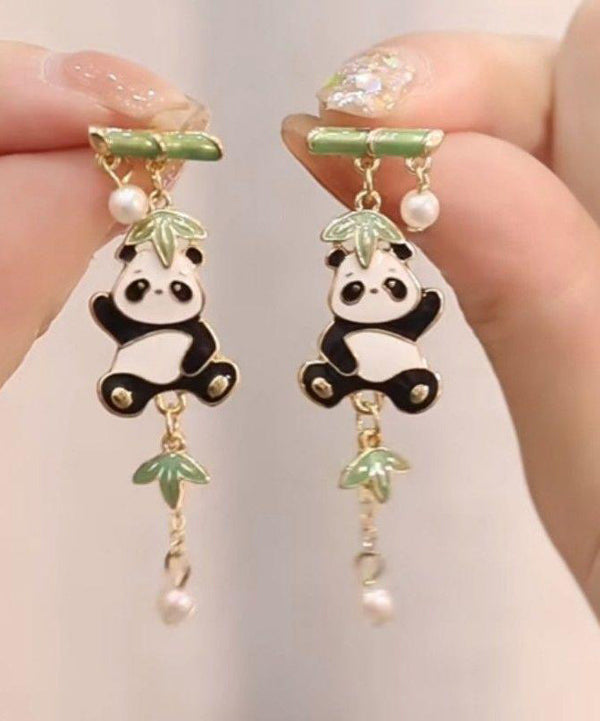 Novelty Colorblock Metal Alloy Zircon Pearl Panda Bamboo Joint Tassel Drop Earrings KX1050 Ada Fashion