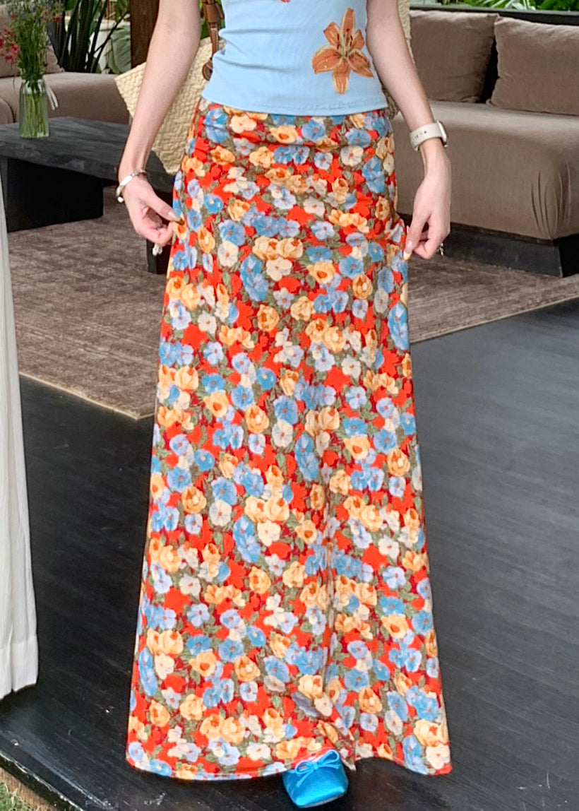 High Novelty Summer Print Skirts Orange Cotton Waist FashionChic
