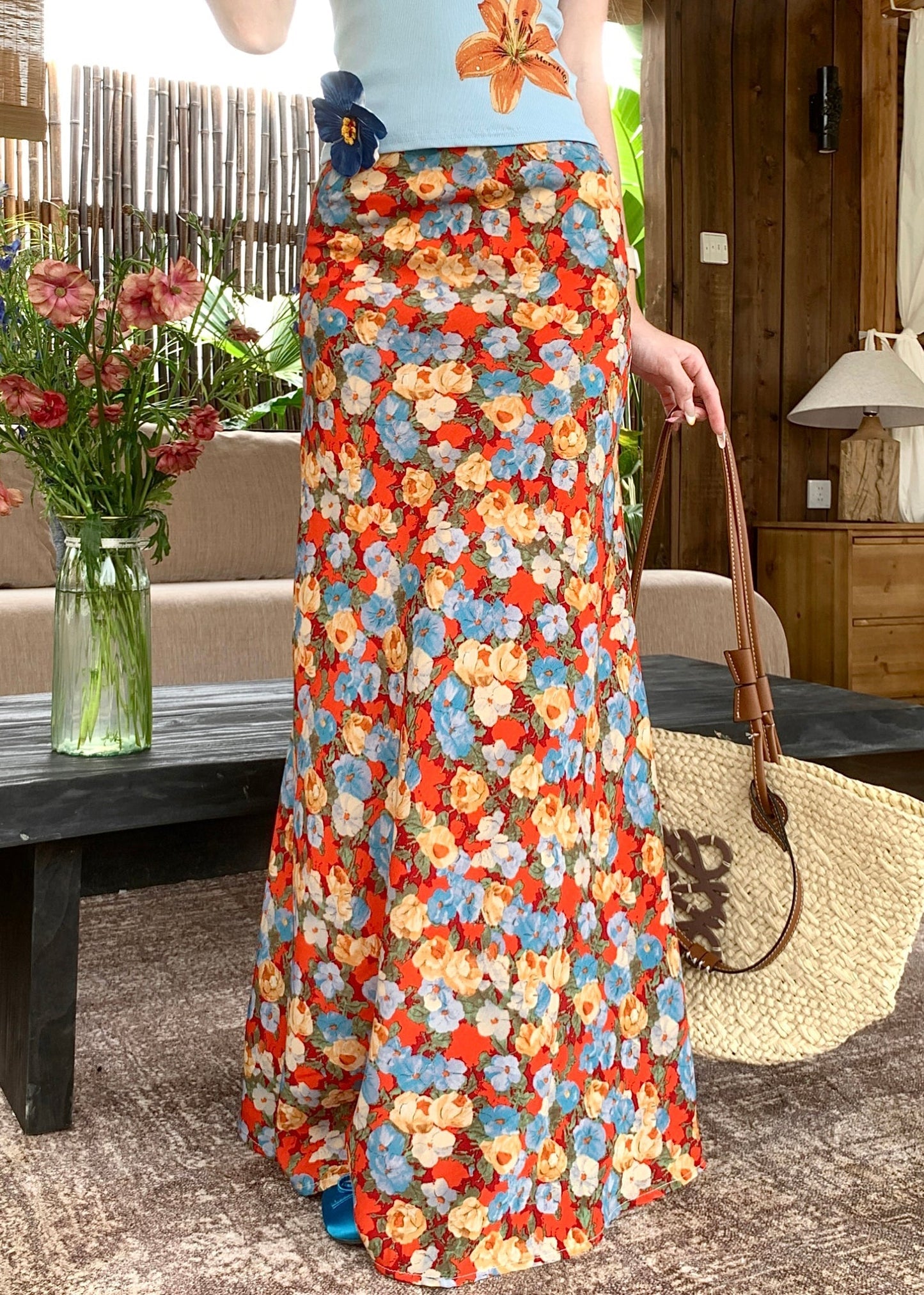 High Novelty Summer Print Skirts Orange Cotton Waist FashionChic