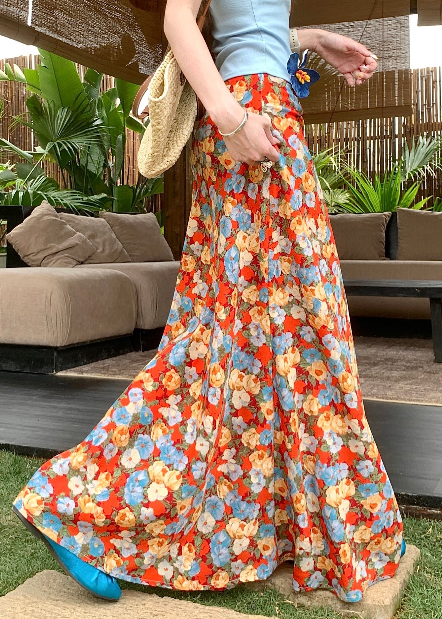 High Novelty Summer Print Skirts Orange Cotton Waist FashionChic