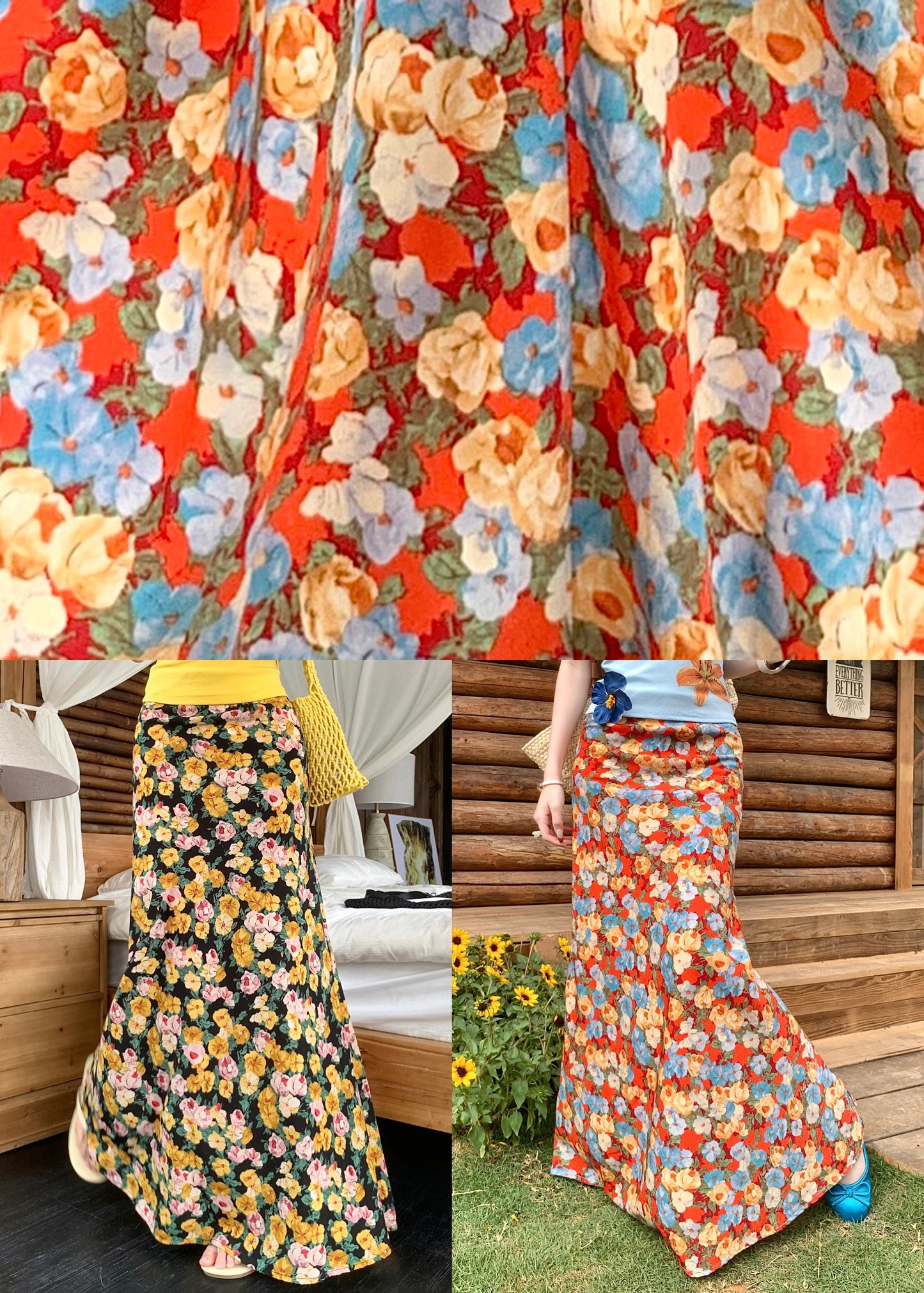 High Novelty Summer Print Skirts Orange Cotton Waist FashionChic