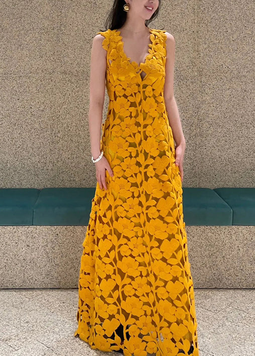 Novelty Orange V Neck Hollow Out Maxi Dresses Sleeveless OP1036 Ada Fashion