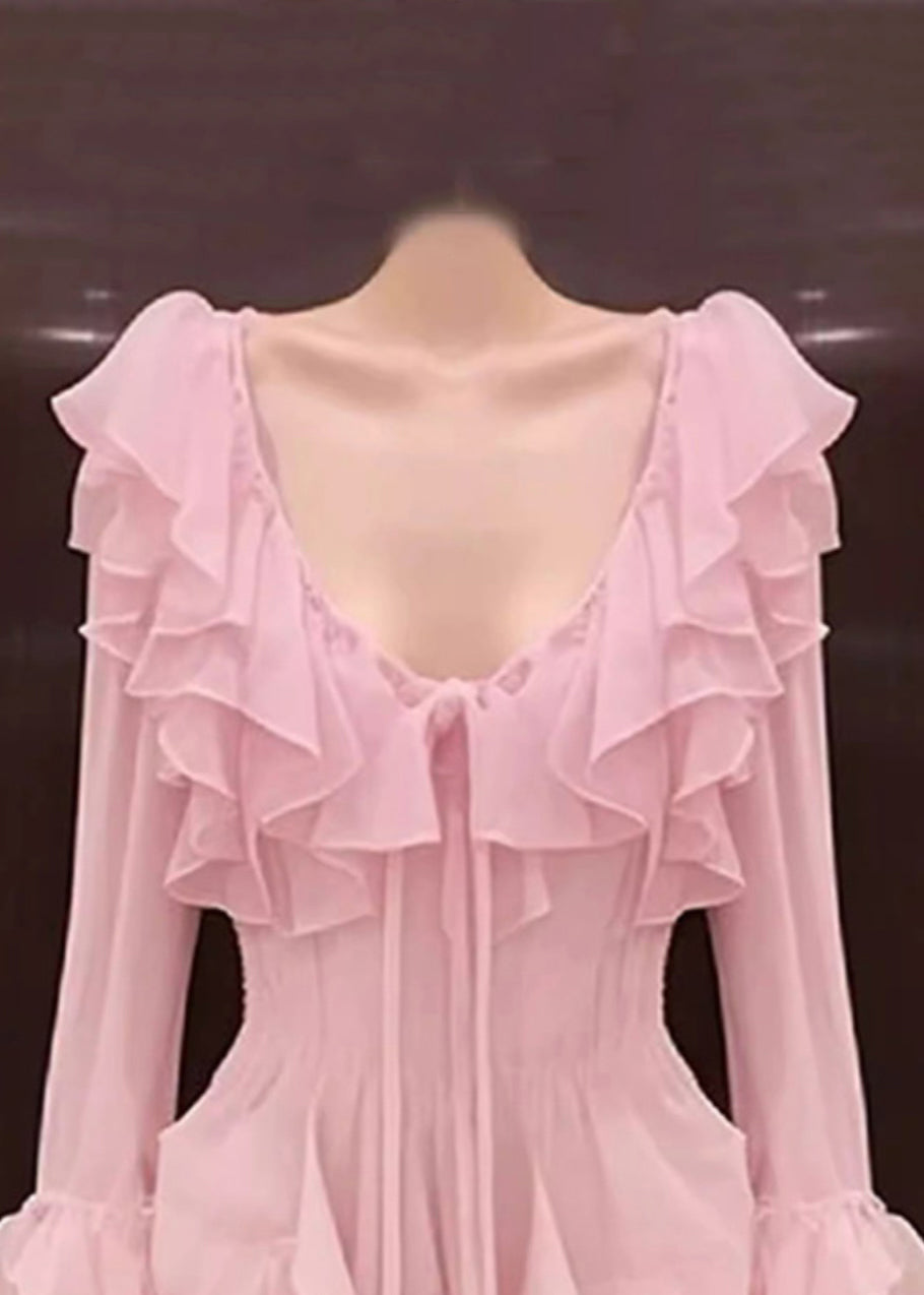 Novelty Pink Ruffled Lace Up Chiffon Mid Dress Long Sleeve EE1050 SH-LF-FDM240517