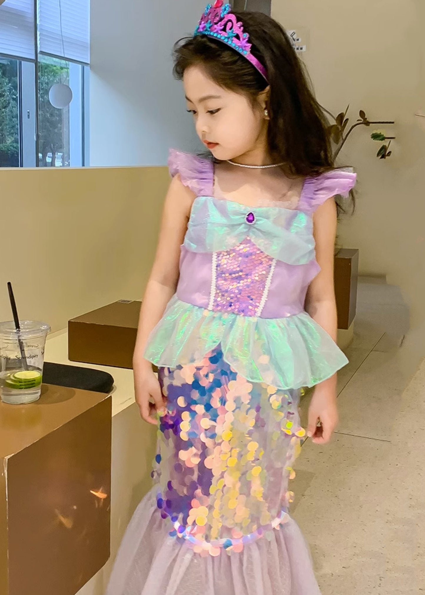 Novelty Purple Square Collar Sequins Tulle Kids Mermaid Maxi Dress Short Sleeve YE011 ABC