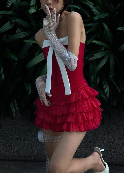 Novelty Red Cold Shoulder Bow Cotton Two Pieces Set Sleeveless KK087 SH-LF-TPIEC240602