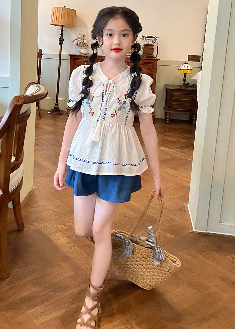Novelty White Embroideried Patchwork Lace Tie Kids Shirt And Shorts Two Pieces Set Summer SS1031 MM-RCTZ-TPGIEC240601