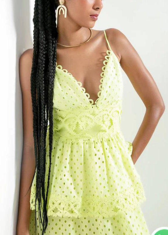 Novelty Yellow V Neck Hollow Out Cotton Spaghetti Strap Dress Sleeveless WW1053 Ada Fashion