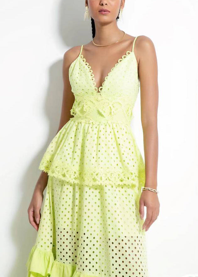 Novelty Yellow V Neck Hollow Out Cotton Spaghetti Strap Dress Sleeveless WW1053 Ada Fashion