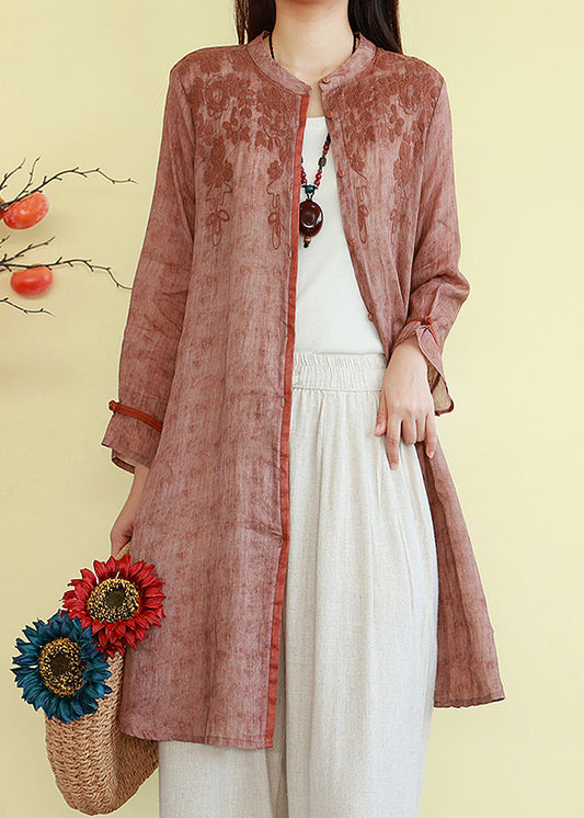 Linen O-Neck Shirts Loose Button Fall Orange FashionChic