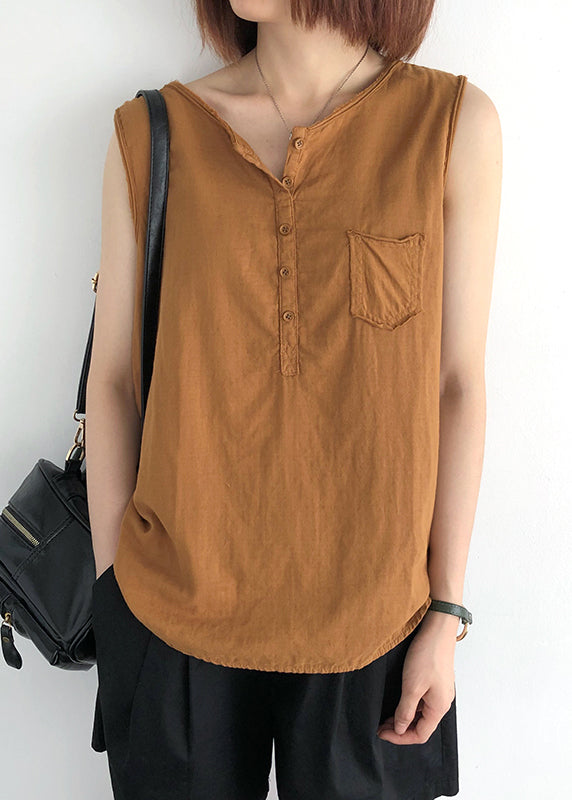 Pocket Tops Linen Orange Sleeveless O-Neck FashionChic