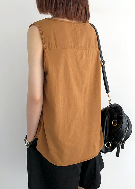 Pocket Tops Linen Orange Sleeveless O-Neck FashionChic