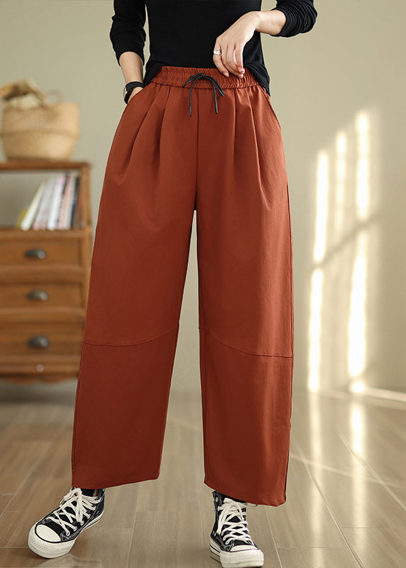 Orange Pockets Loose Cotton Pants Elastic Waist Fall QO047 OM-ZS241008