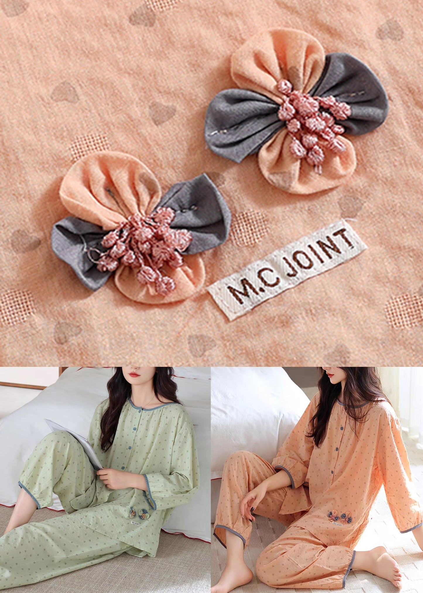 O Pieces Cotton Pajamas Orange Set Two Fall Patchwork Pockets FashionChic