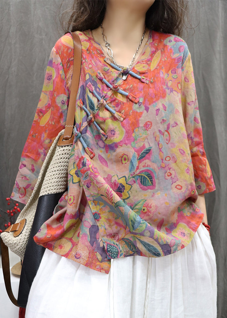 Bracelet Sleeve Orange Linen Button Print Neck V Blouse FashionChic