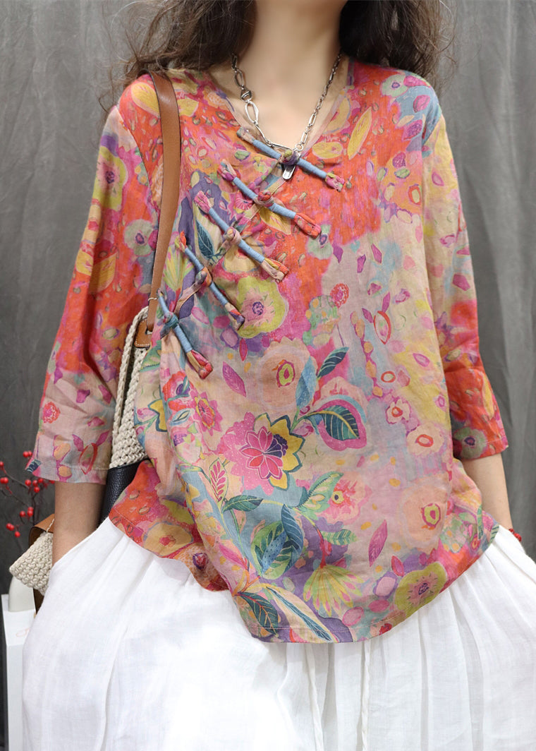Bracelet Sleeve Orange Linen Button Print Neck V Blouse FashionChic