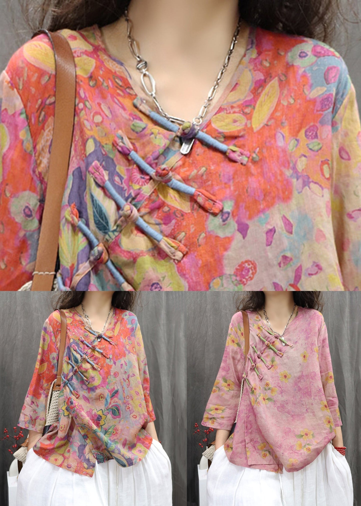Bracelet Sleeve Orange Linen Button Print Neck V Blouse FashionChic