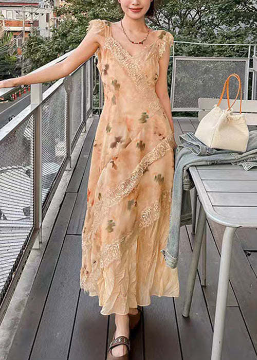 Print Dress Patchwork Long Cotton Lace Neck Orange V Summer FashionChic