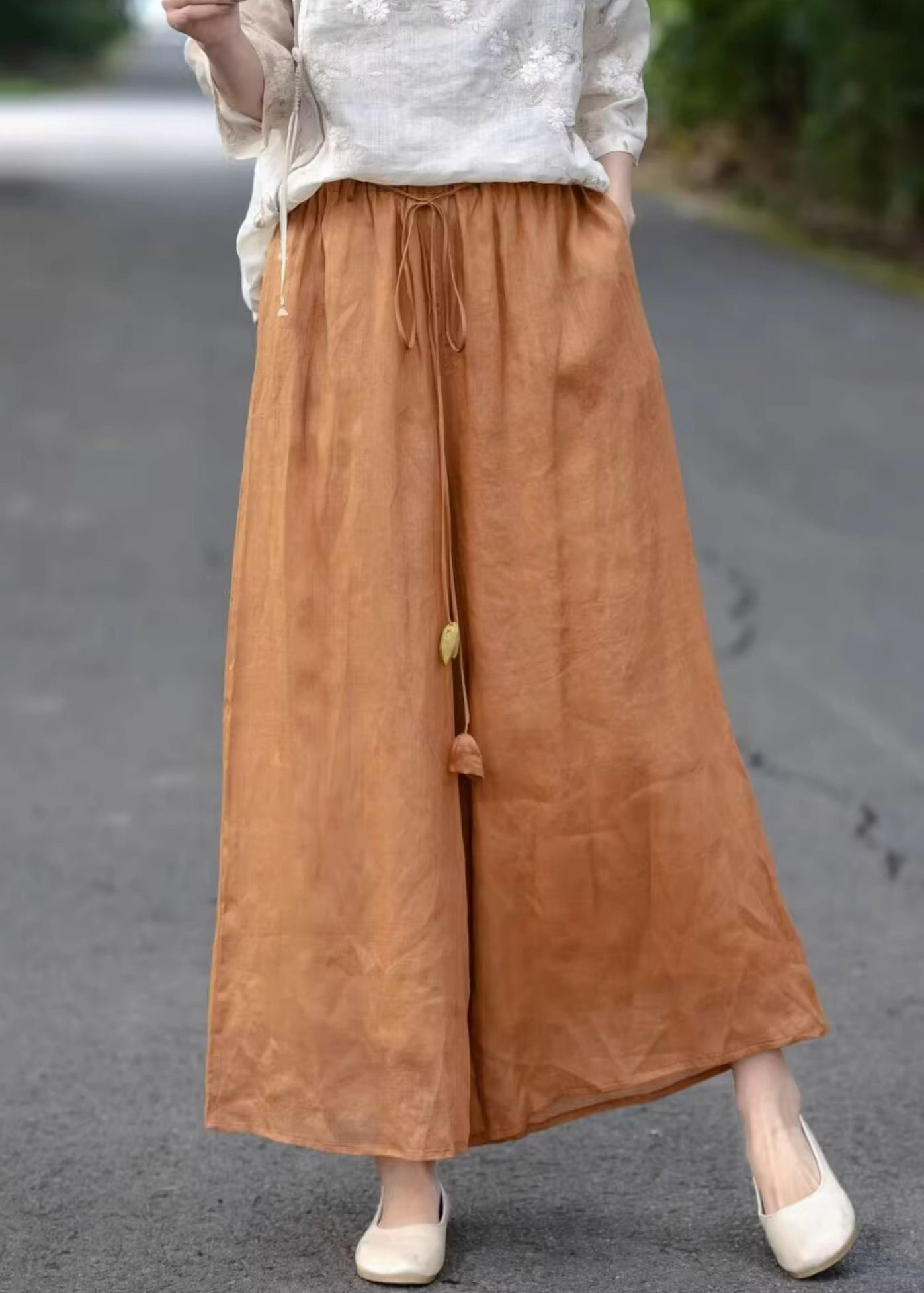 Solid Elastic Cotton Orange Pants Pockets Crop Summer Waist FashionChic