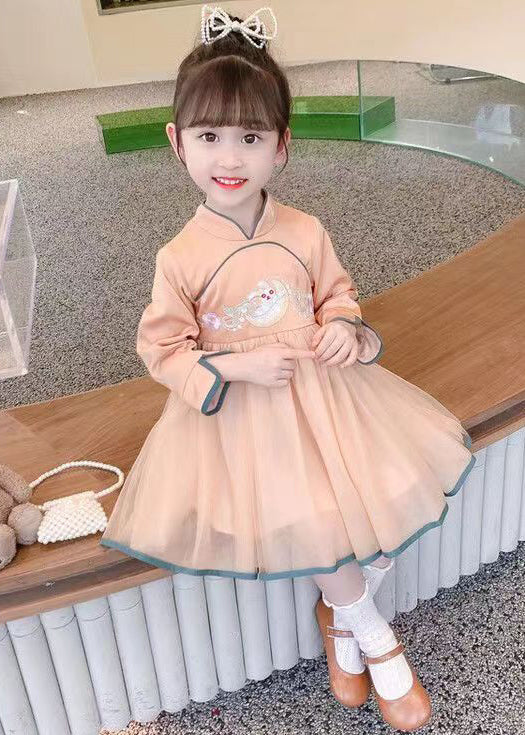 Orange Zippered Tulle Patchwork Cotton Girls Dress Stand Collar Fall XZ019 FALL-MM-RCTZ-FDGL240618