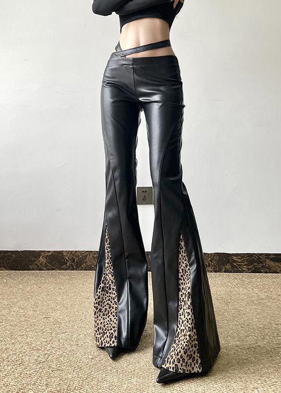 Organic Black Asymmetrical Patchwork Leopard Faux Leather Flare Bottoms Spring YP032 ABC