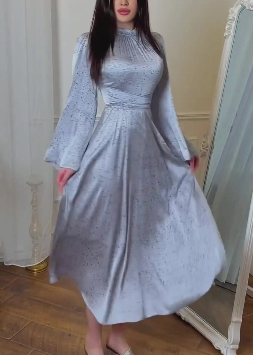 Organic Blue Lace Up Print Silk Maxi Dresses Fall QL035 OM-ZS241023