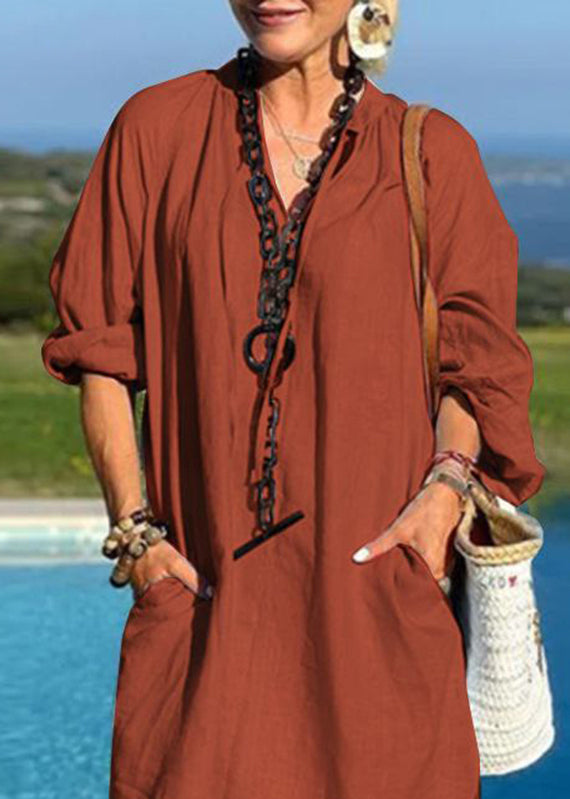 V Mid Dresses Blue Vacation Organic Patchwork Light Pockets Neck FashionChic