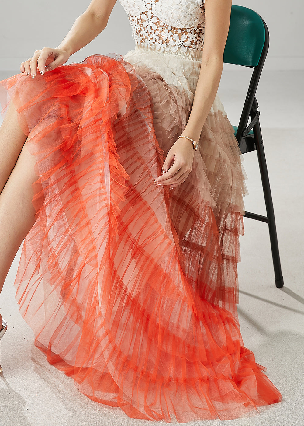 Organic Orange Ruffled Patchwork Tulle Skirts Summer YU1027 Ada Fashion