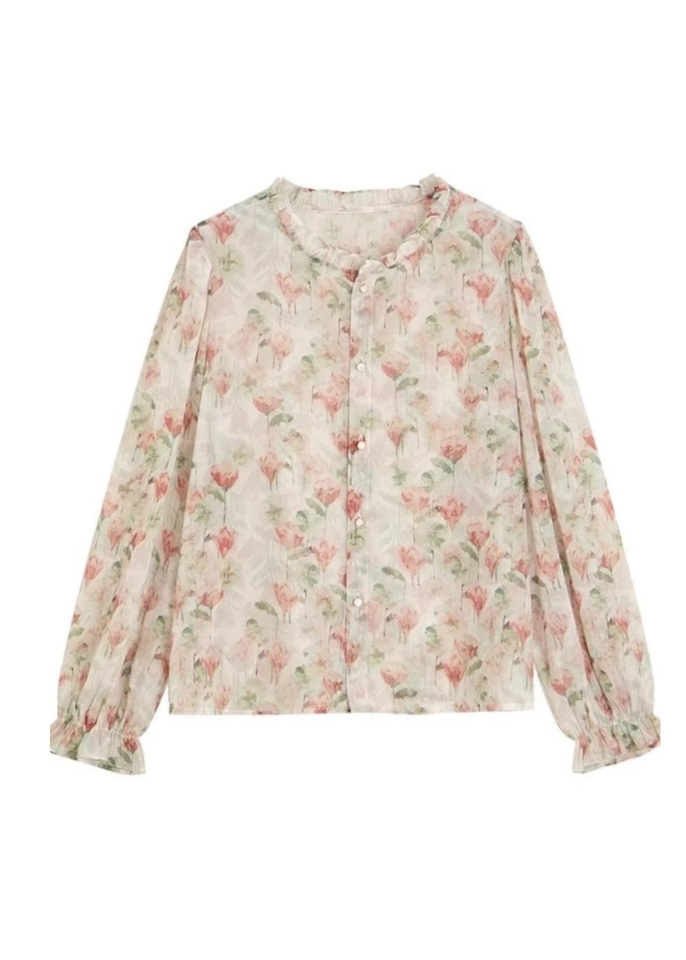 Organic Ruffled Print Chiffon Shirt Long Sleeve WW010 OL-LTP240812