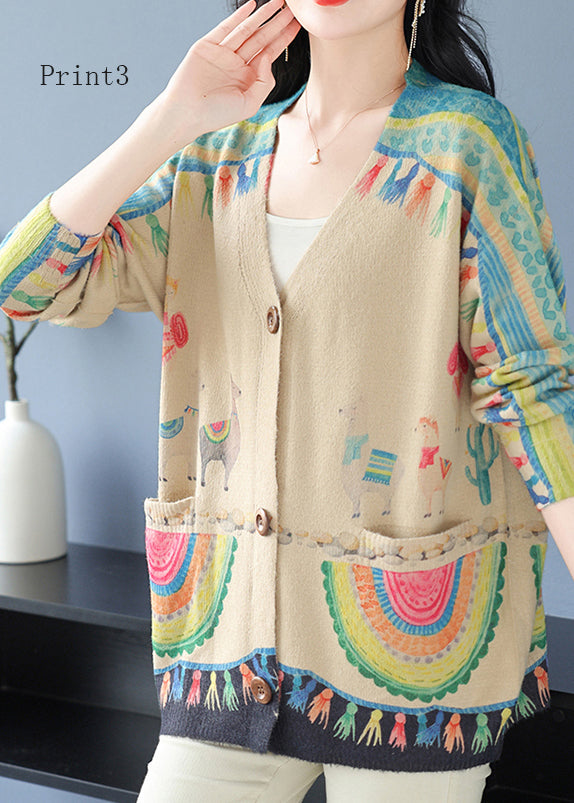 Organic V Neck Print Pockets Woolen Cardigan Spring TQ013 ABC