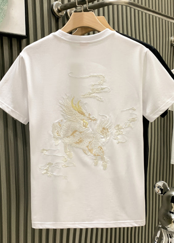 Mens Shirts Neck Oriental T O Summer Cotton Embroideried White FashionChic