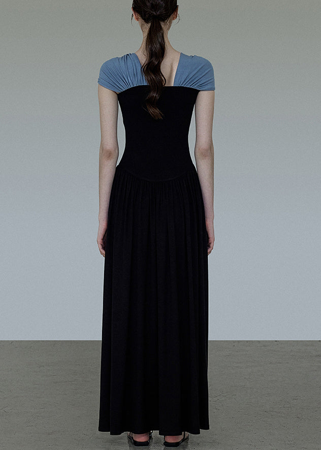 Cotton Wrinkled Neck Dress Long Patchwork Slash Original Black FashionChic